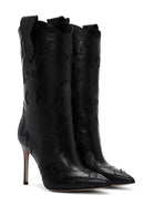 Woman Black Patterned Thin-Heeled Leather Boots | Derimod