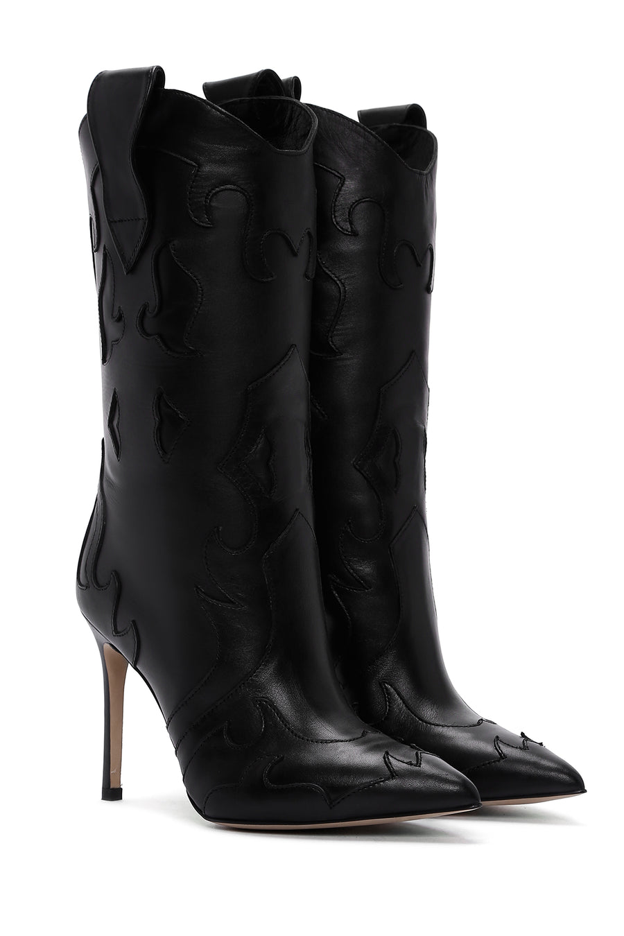 Woman Black Patterned Thin-Heeled Leather Boots