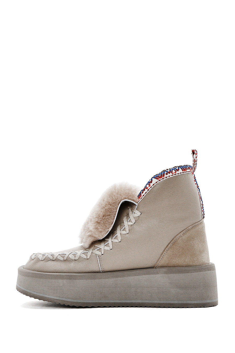 Women's Grey Thick-Soled Fur-Lined Leather Boots