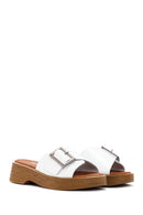 Women's White Buckle Leather Slippers | Derimod