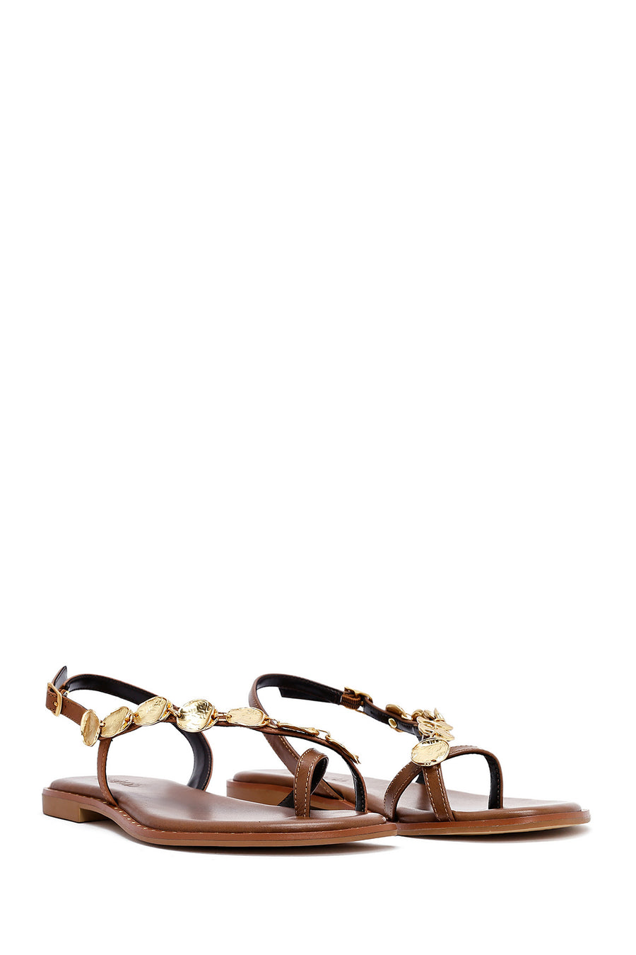 Women's Brown Metal Detailed Flip-Flop Leather Sandals