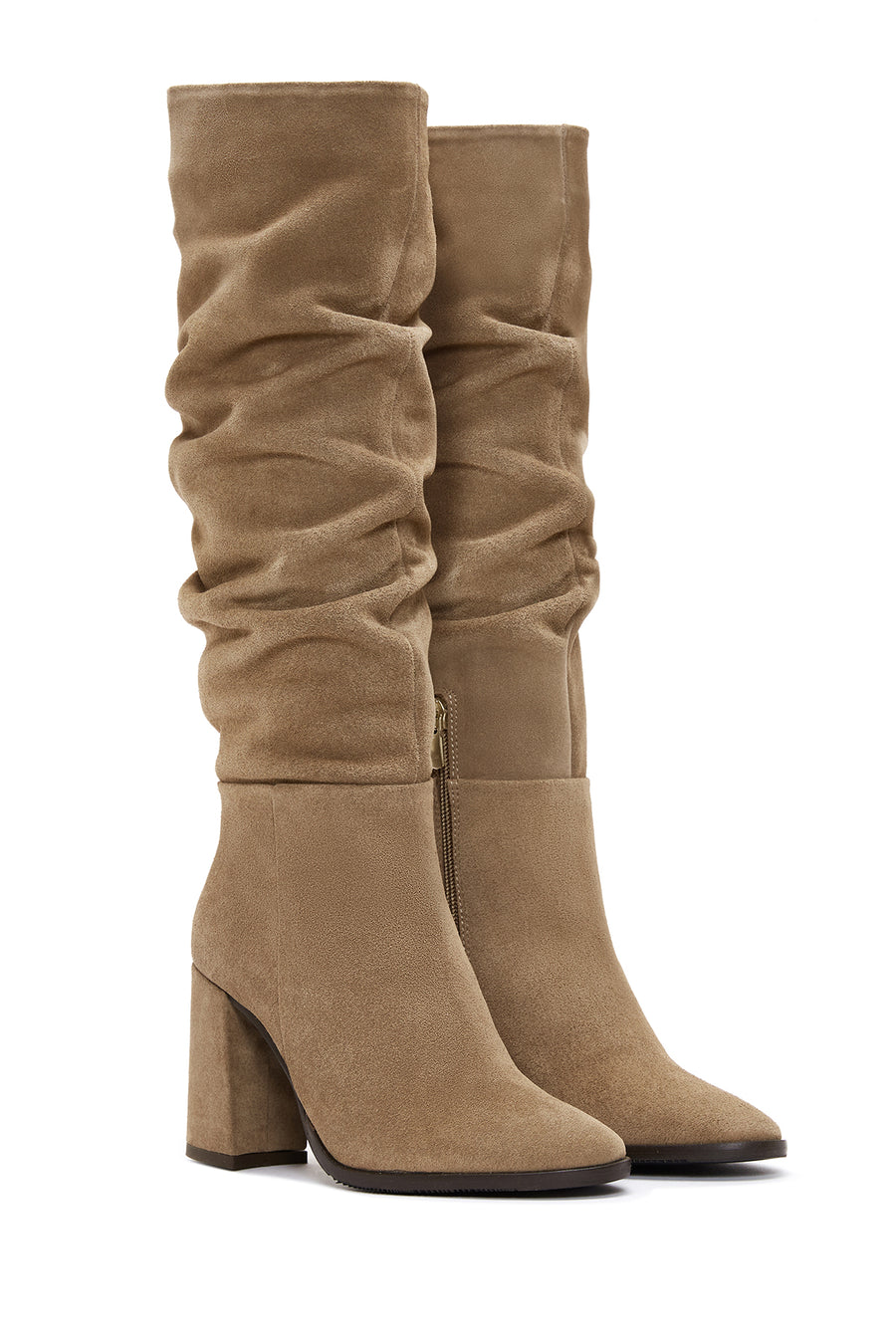Woman Tan Zip Closure Thick-Heeled Suede Boot