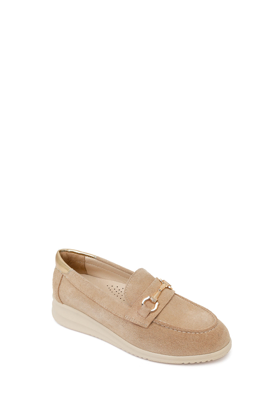 Woman Beige Buckle Wedge-Heel Suede Leather Comfort Loafer