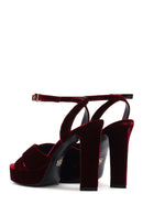 Women's Burgundy Ankle Buckle Platform High Thick Heel Velvet Sandals | Derimod