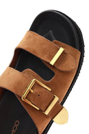 Women's Brown Buckled Suede Slippers | Derimod