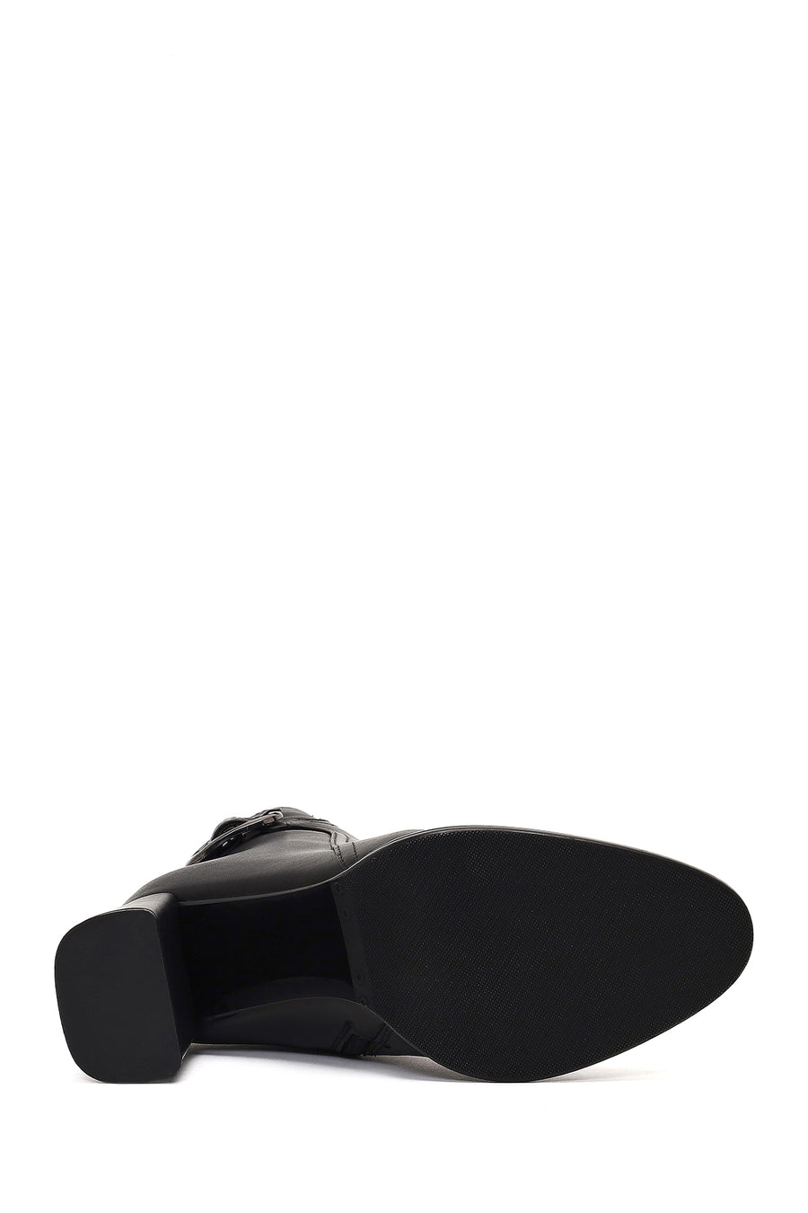 Women's Black Buckled Zippered Thick Heeled Leather Boot