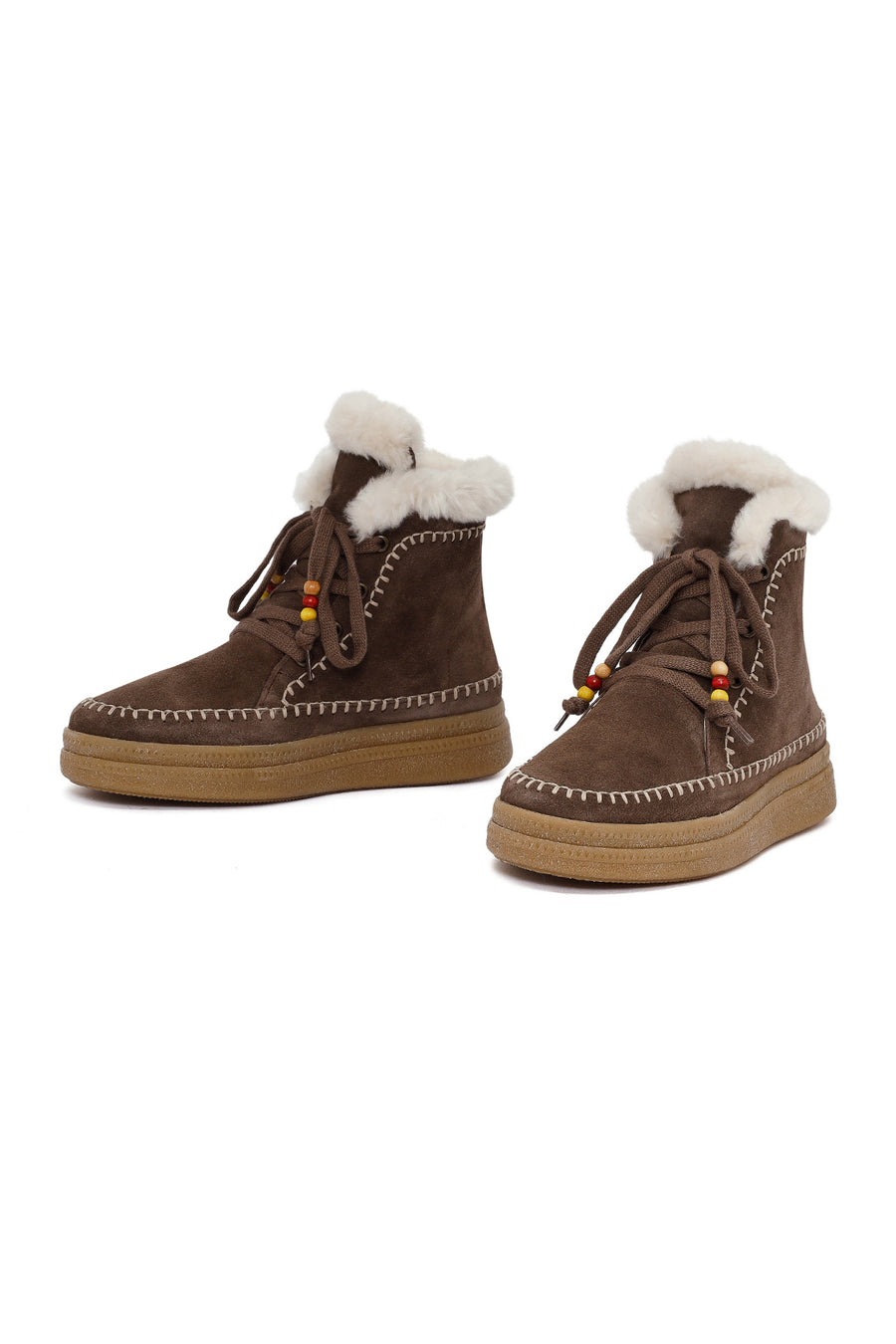 Woman Brown Laced Thick Sole Suede Leather Teddy Bot
