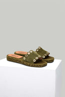 Women's Green Leather Slippers | Derimod