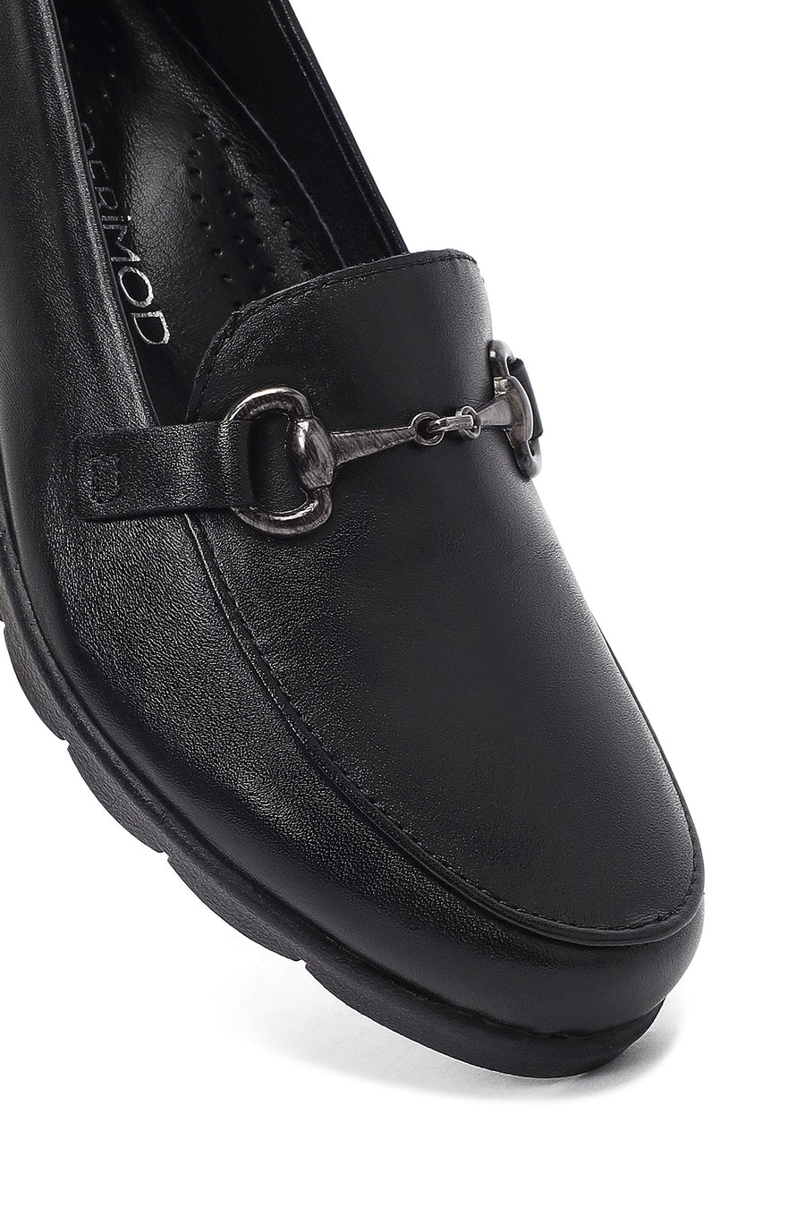 Woman Black Buckled Wedge Heel Leather Loafer