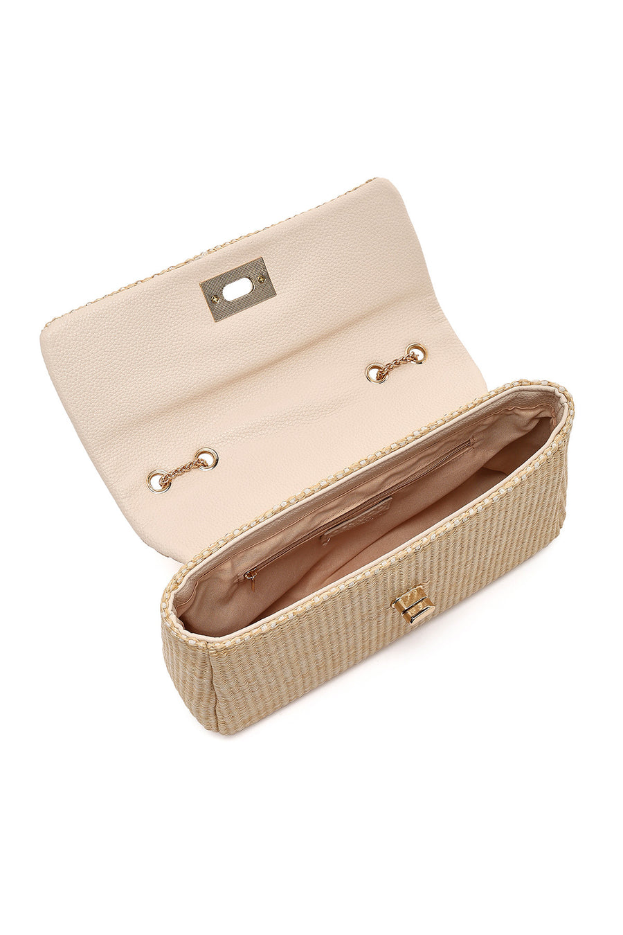 Women's Beige Long Chain Strap Straw Shoulder Bag