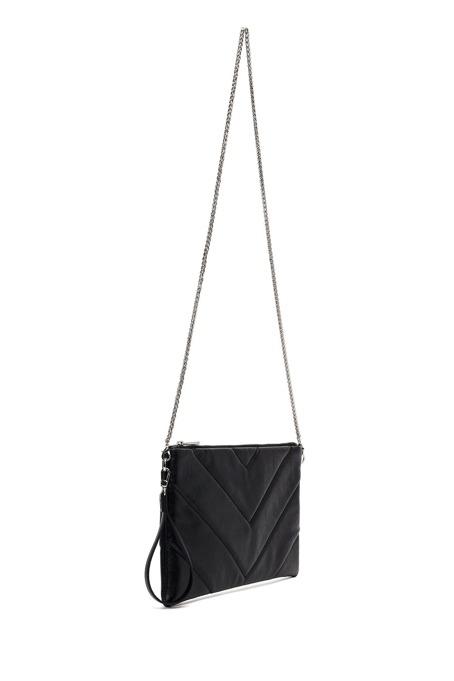 Woman Black Chain-Strap Patterned Clutch Bag