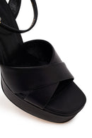 Woman Black Ankle-Buckle Platform High Chunky Heel Leather Sandal | Derimod
