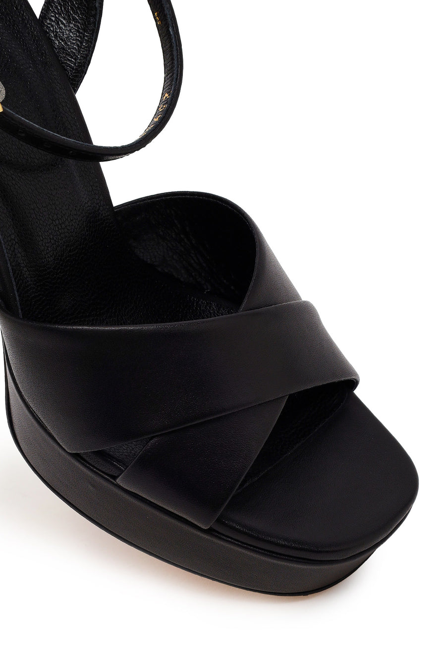Woman Black Ankle-Buckle Platform High Chunky Heel Leather Sandal