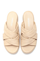 Women's Beige Leather Casual Flat Slippers | Derimod