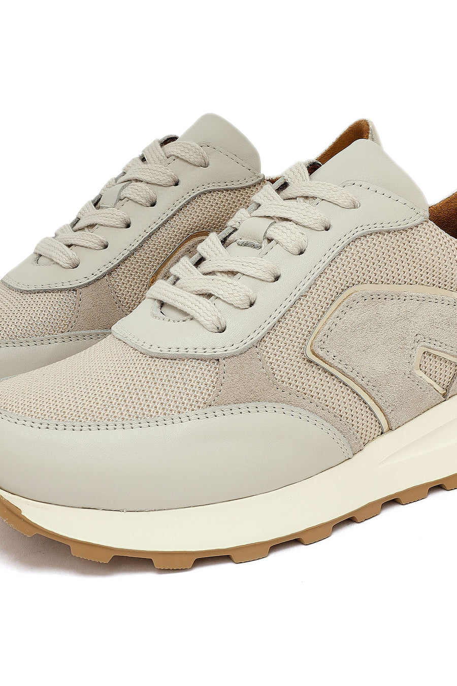Woman Beige Lace-Up Thick Sole Leather Sneakers