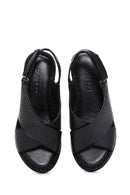 Women's Black Leather Wedge Heel Comfort Sandals | Derimod