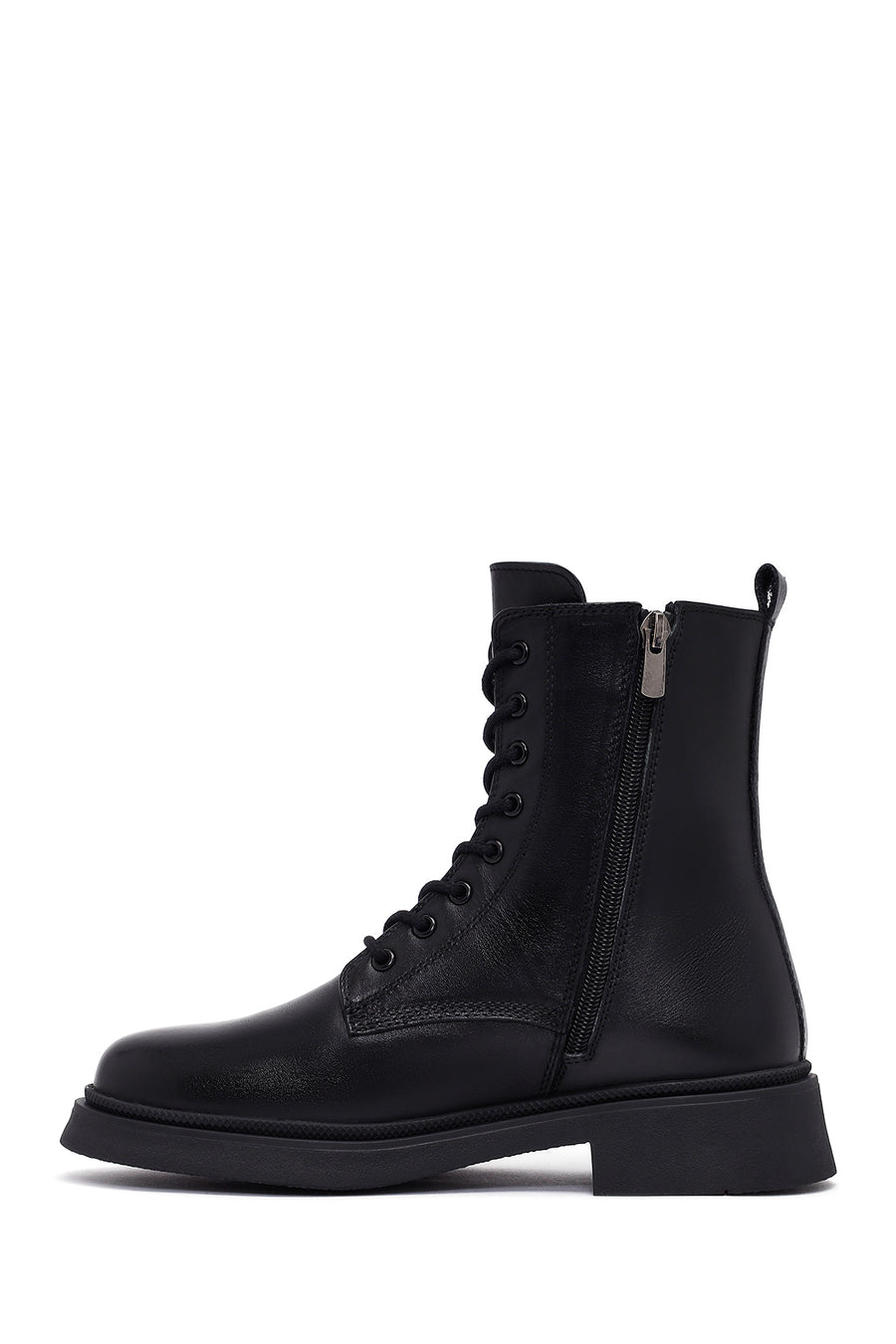 Women's Black Zippered Thick-Soled Leather Ankle Boots