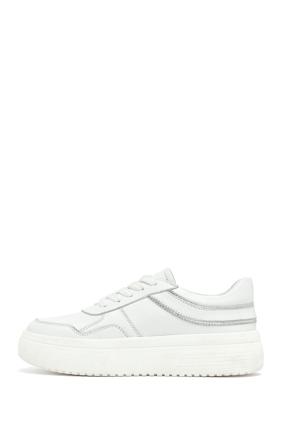 Woman White Laced Thick Sole Leather Sneakers