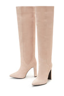 Women's Beige Suede Leather Heeled Boots | Derimod