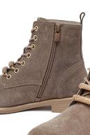 Woman Beige Lace-Up Zippered Suede Leather Boat | Derimod