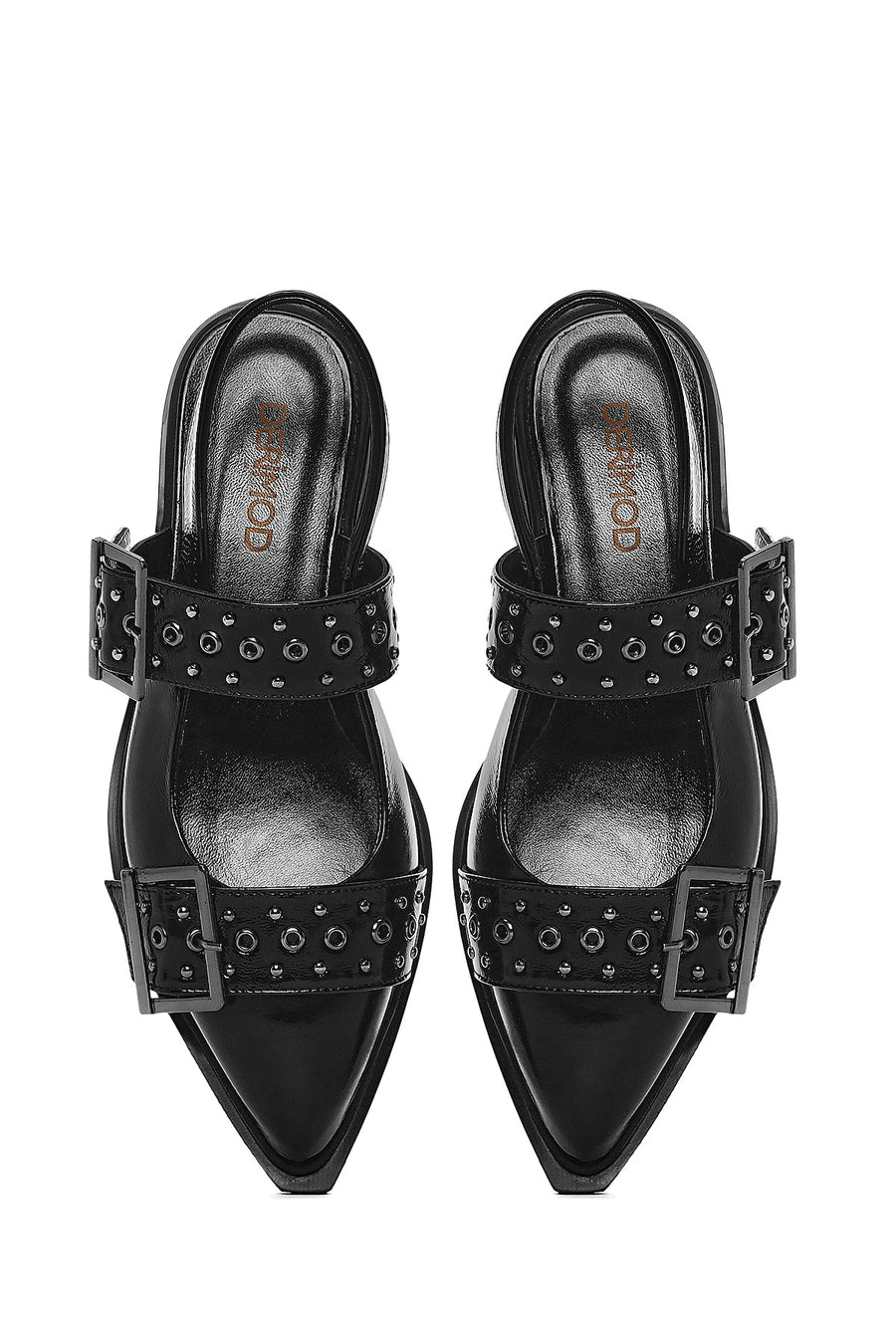 Women's Black Open Back Buckled Patent Leather Ballerinas