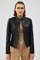 Tania Women's Black Short Leather Jacket | Derimod