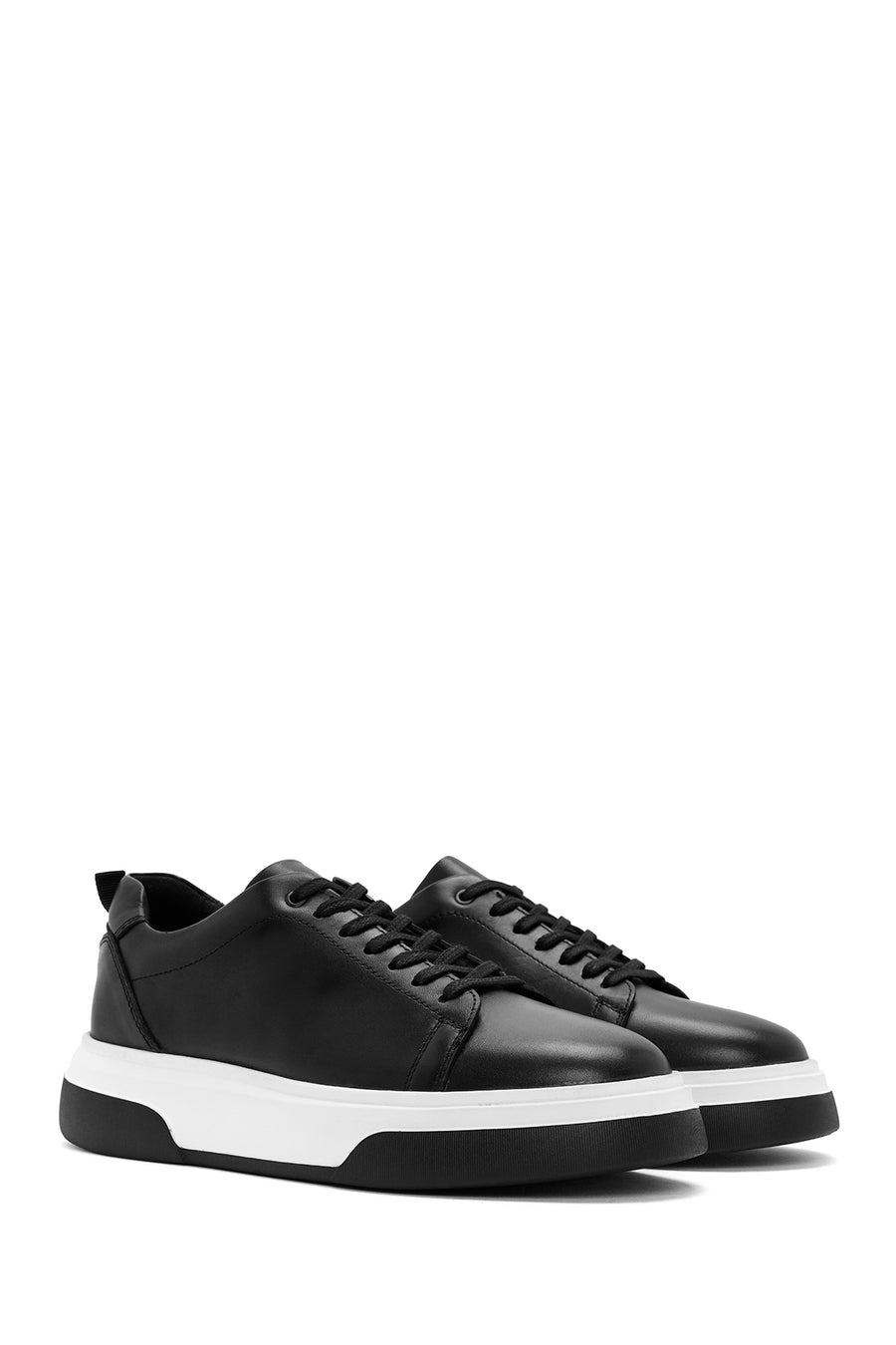 Men's Black Lace-up Thick-Sole Leather Sneaker