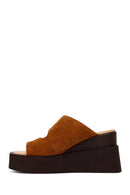 Woman Tan Buckled Wedge Heel Suede Slipper | Derimod