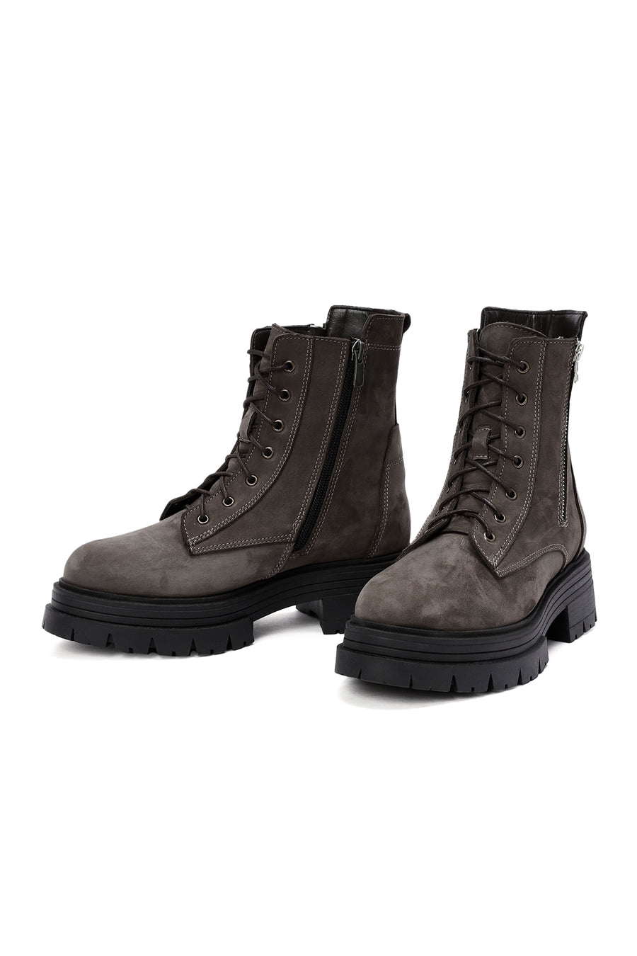 Women's Mink Lace-Up Double Zipper Detailed Thick-Soled Nubuck Leather Combat Boots