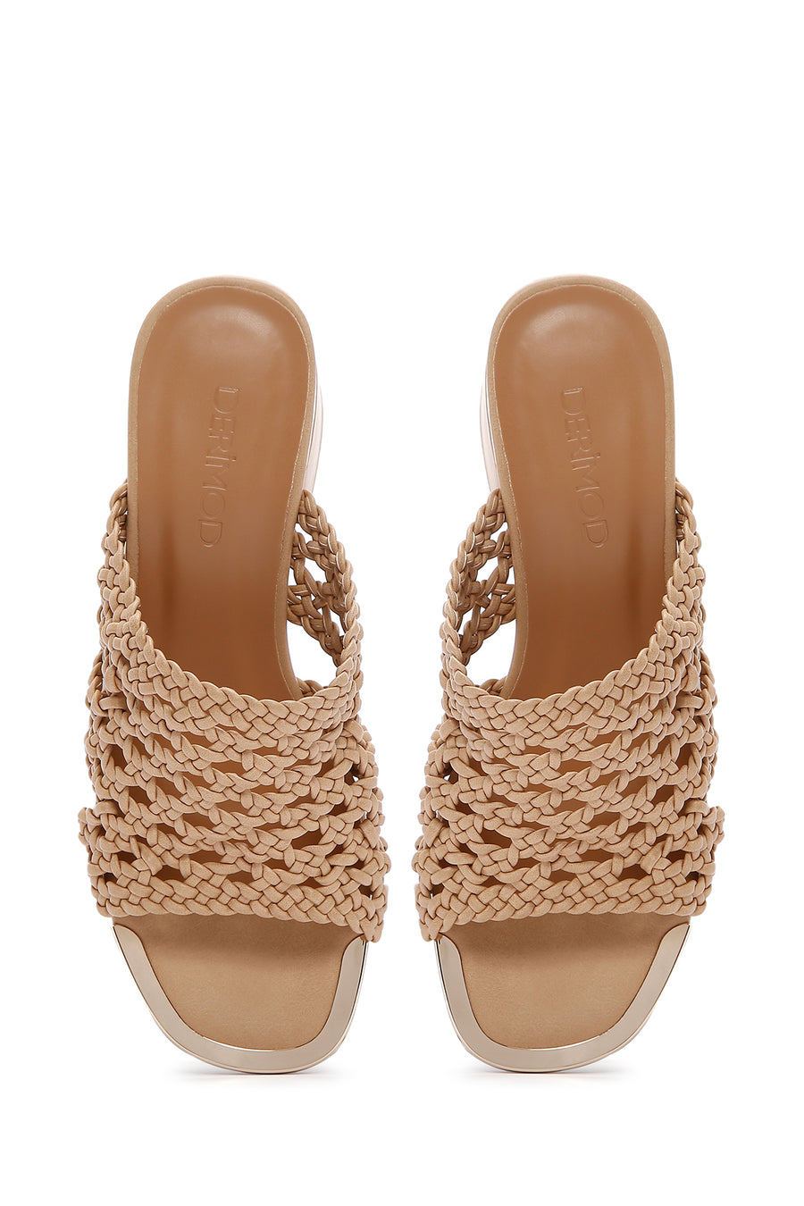 Women's Beige Knitted Short Thick Heeled Slippers