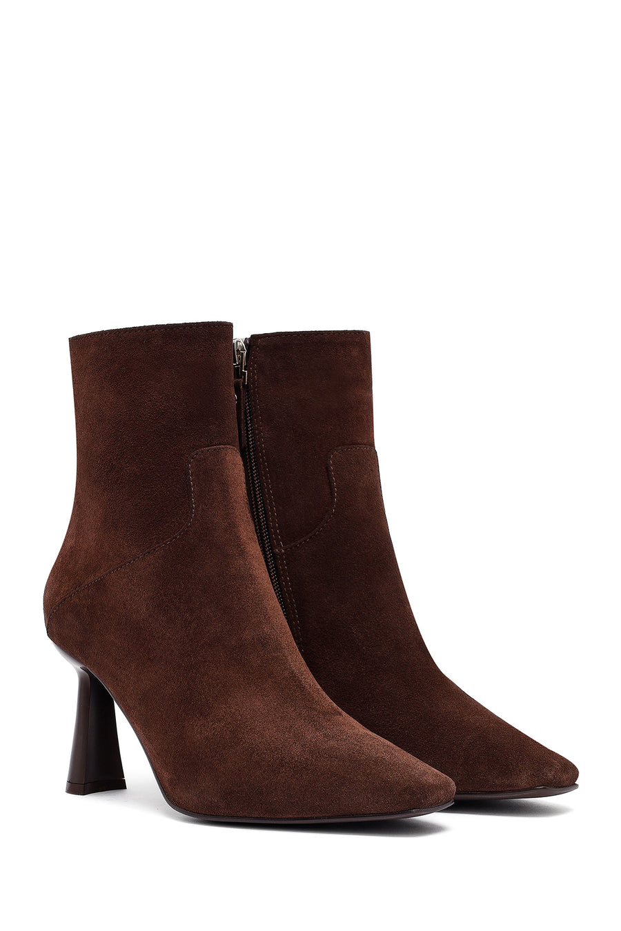 Woman Brown Zip Closure Thin-Heeled Suede Boots