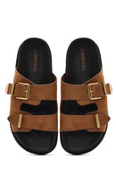 Women's Brown Buckled Suede Slippers | Derimod