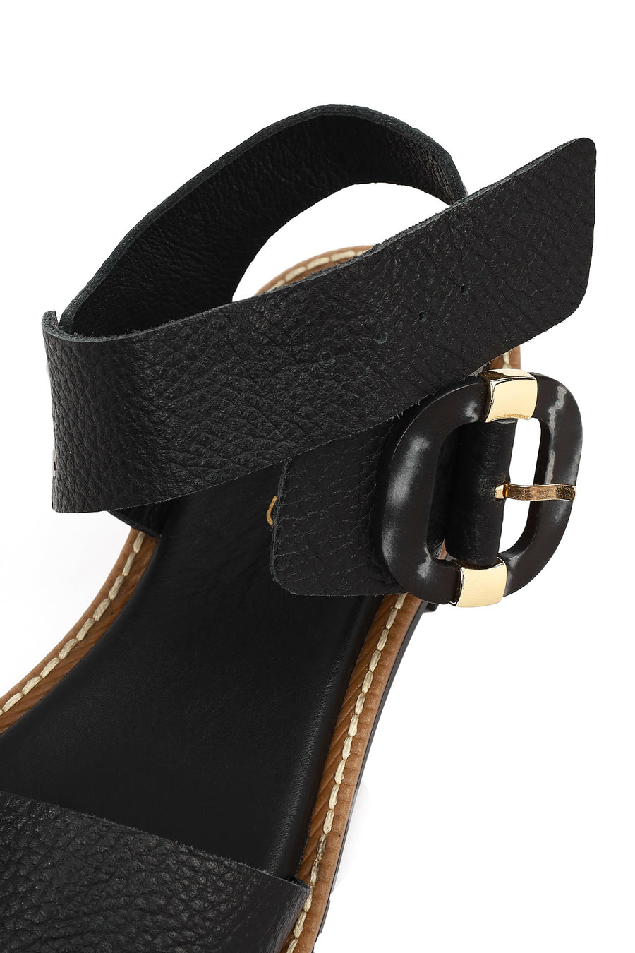 Women's Black Leather Ankle Buckle Sandals