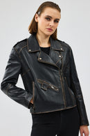 Oxford Women's Black Biker Leather Jacket | Derimod