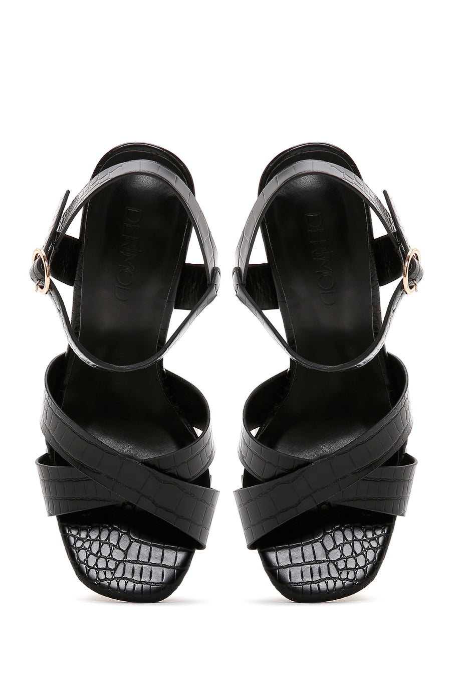 Women's Black Ankle Strap Thick Heel Crocodile Sandals