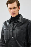 Enzo Men's Black Shirt Collar Leather Jacket | Derimod