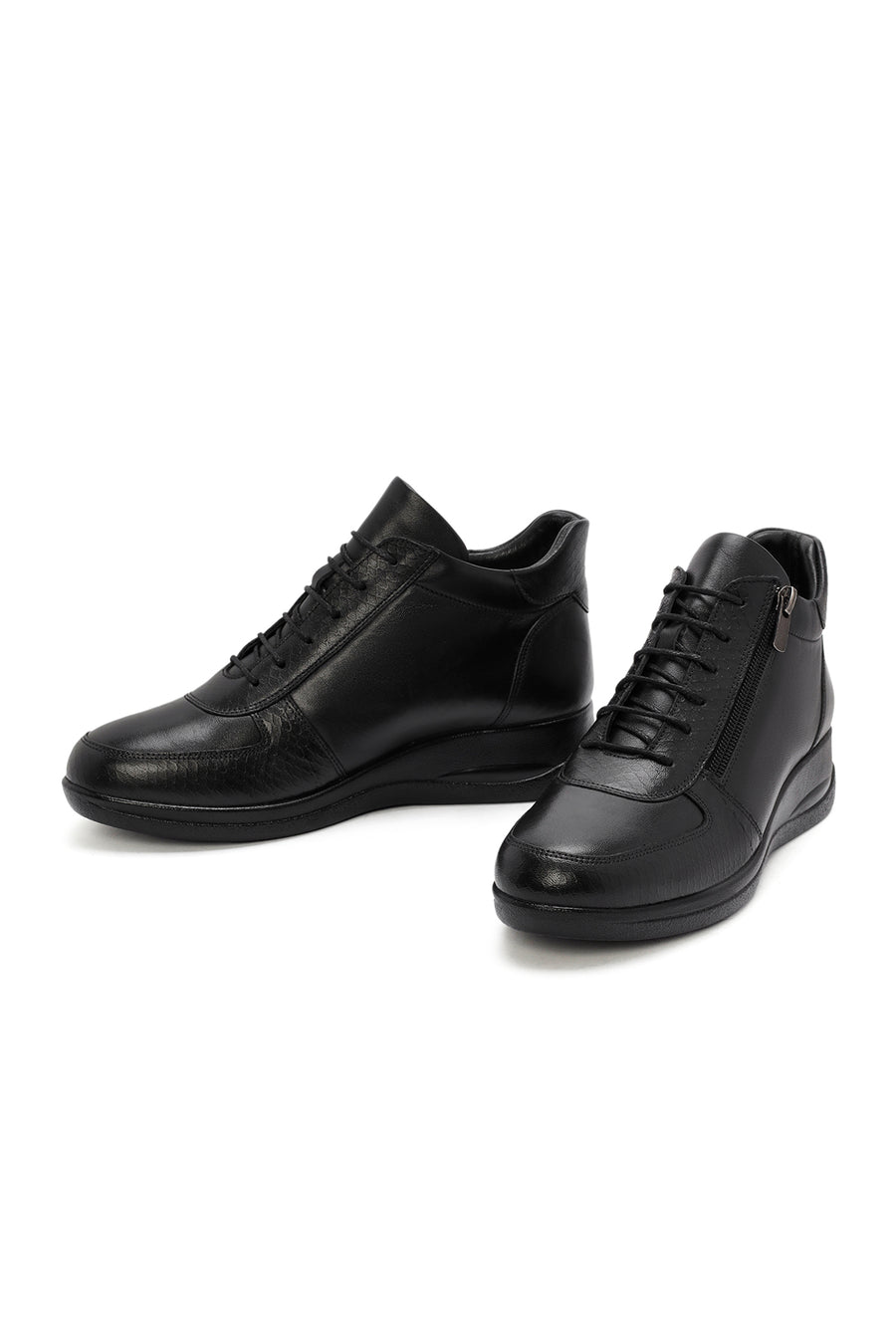 Women's Black Zippered Wedge Heel Leather Comfort Shoes