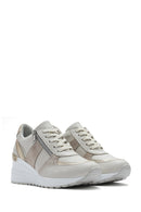 Women's Beige Wedge Heel Side Zip Leather Sneakers | Derimod