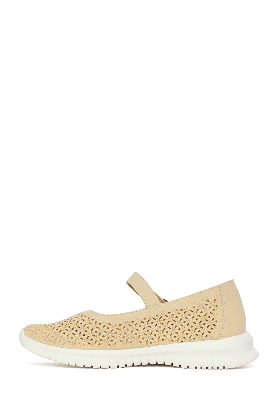 Woman Beige Patterned Suede Comfort Buckle Shoes