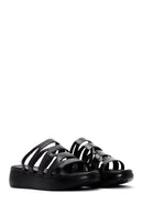 Women's Black Leather Thick Soled Comfort Slippers | Derimod