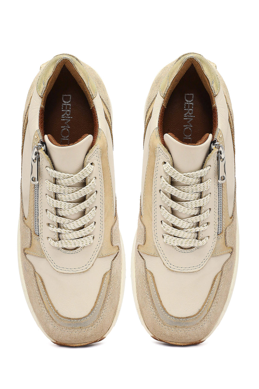 Woman Beige Lace-Up Zipper Detailed Wedge Heels Leather Sneakers