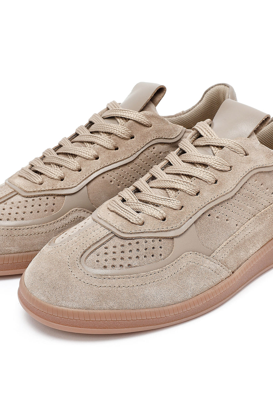 Woman Tan Laced Suede Leather Sneakers