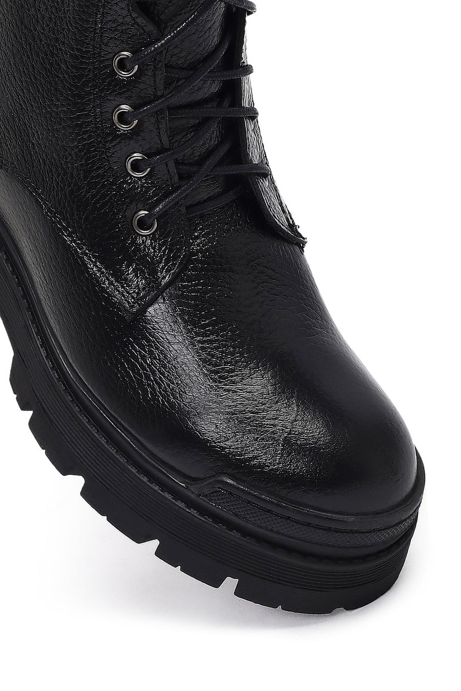 Woman Black Lace-Up Zippered Thick Sole Leather Postal Boots