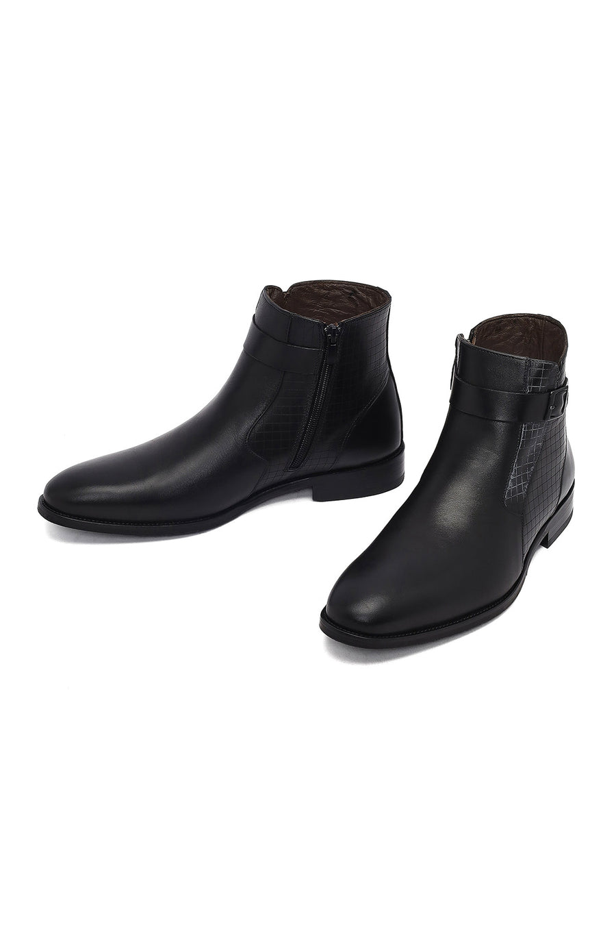 Men's Black Zippered Buckle Detail Leather Classic Boat