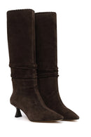 Woman Brown Heeled Suede Boots | Derimod