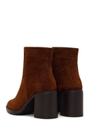 Woman Walnut Zip Closure Chunky Heeled Suede Boots | Derimod