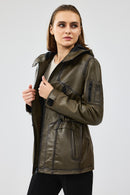 Jessica Women's Khaki Hooded Leather Jacket | Derimod