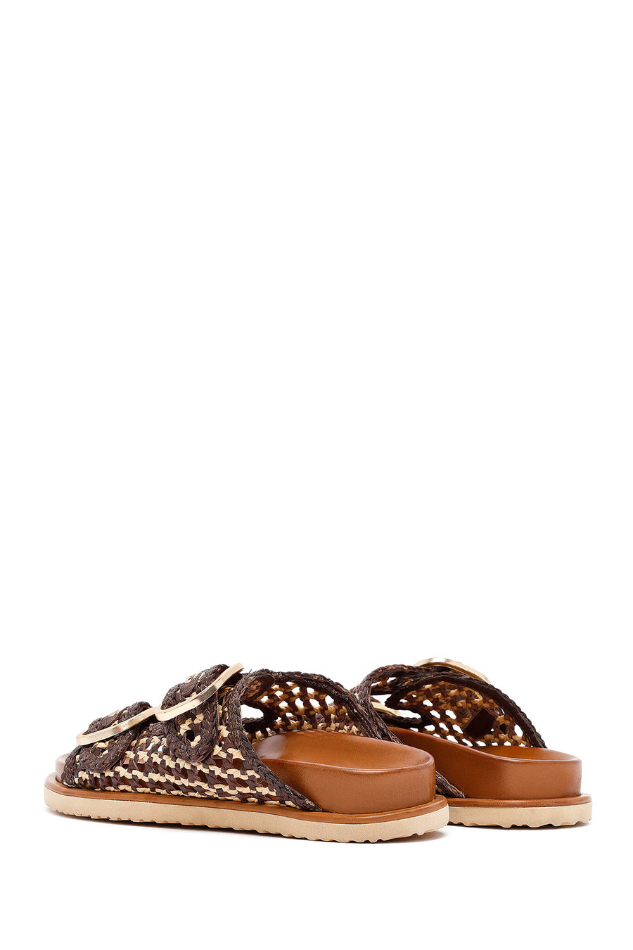 Women's Brown Double Buckled Straw Leather Slippers