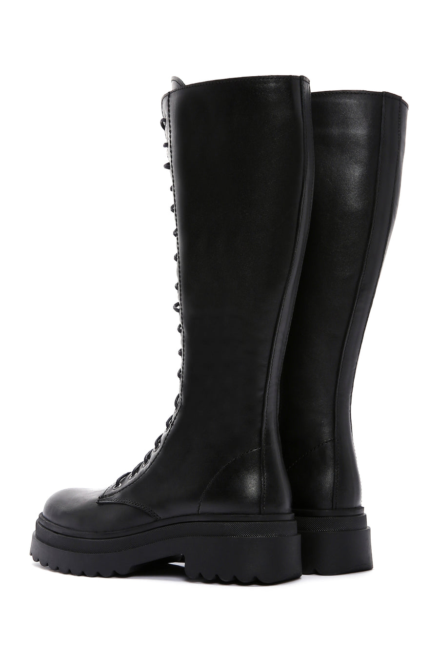 Women's Black Zippered Laced Flat Leather Boots