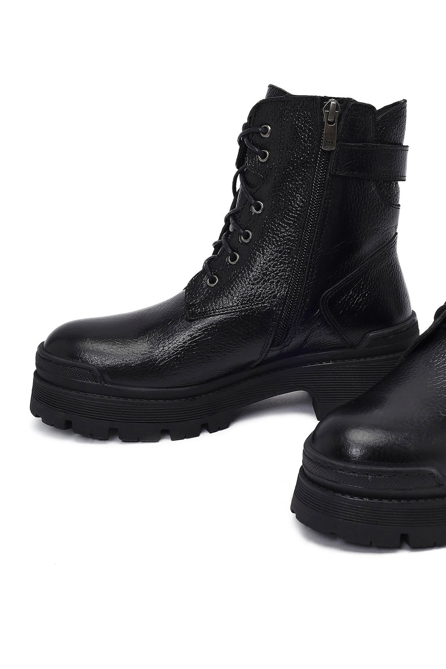 Woman Black Lace-Up Zippered Thick Sole Leather Postal Boots